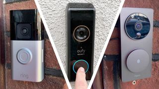 Split image of three video doorbells mounted on walls