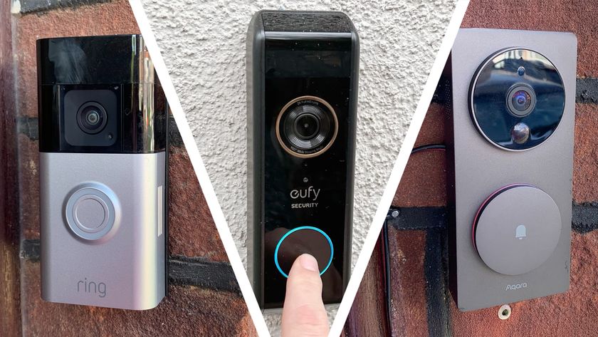 Split image of three video doorbells mounted on walls