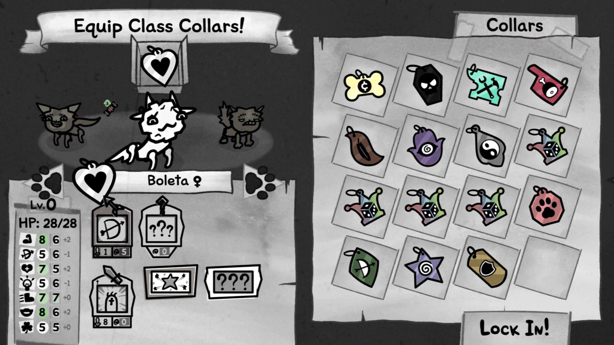 Mewgenics classes: The Cleric class in the collar selection menu, showing the impact of the collar on the stats of the cat.
