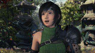 Yuffie stands in a jungle in Final Fantasy 7 Revelation with her mouth open
