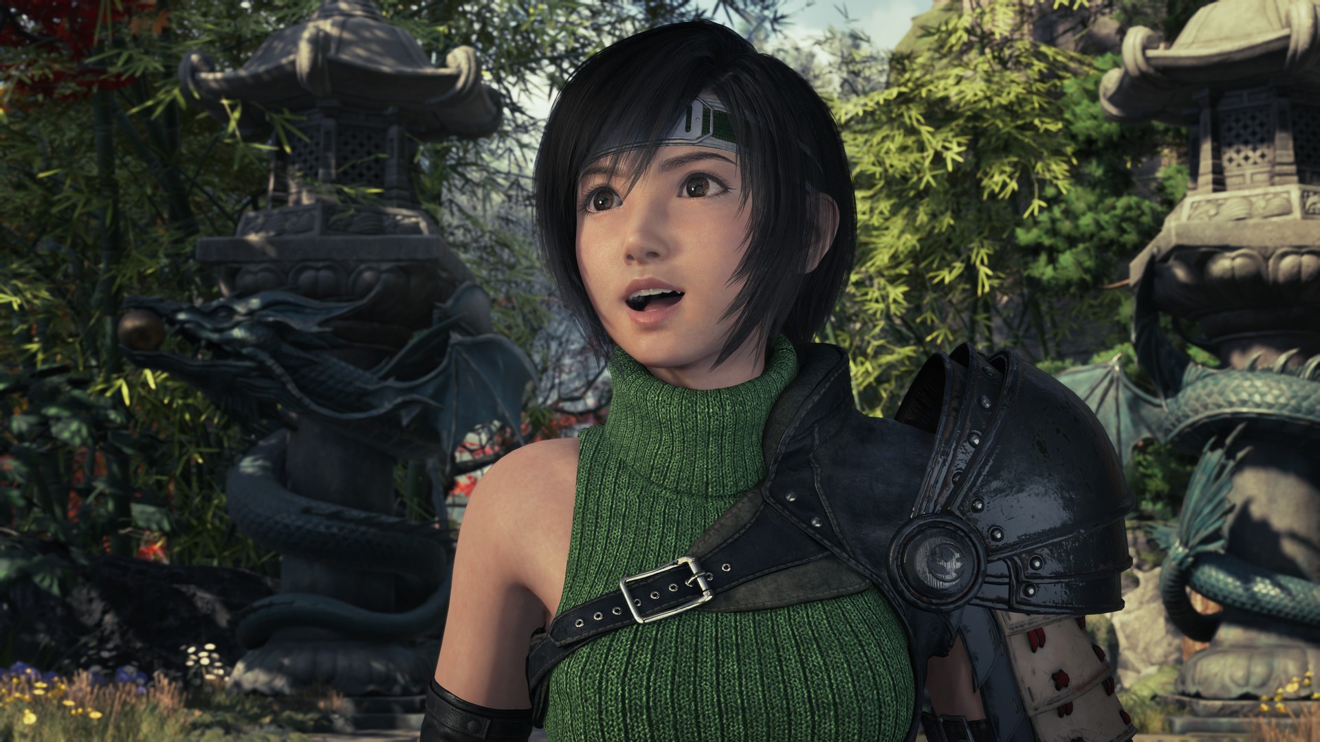 Yuffie stands in a jungle in Final Fantasy 7 Revelation with her mouth open