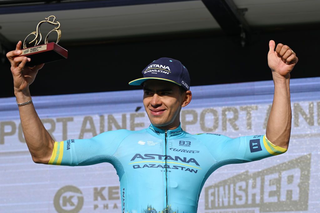 PORT AINE SPAIN MARCH 20 EDITORS NOTE Alternate crop Harold Tejada of Colombia and Team AstanaQazagstan celebrates at podium as most combative rider prize winner during the 103rd Volta Ciclista a Catalunya 2024 Stage 3 a 1767km stage from Sant Joan de les Abadesses to Port Aine 1967m UCIWT on March 20 2024 in Port Aine Spain Photo by David RamosGetty Images