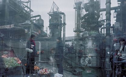 A photo of an industrial furnace overlapped by an image of fruit sellers