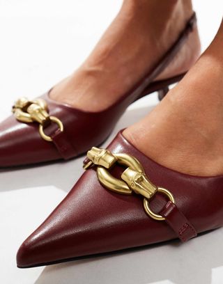 Asos Design Shade Chain Detail Slingback Kitten Heeled Shoes in Burgundy