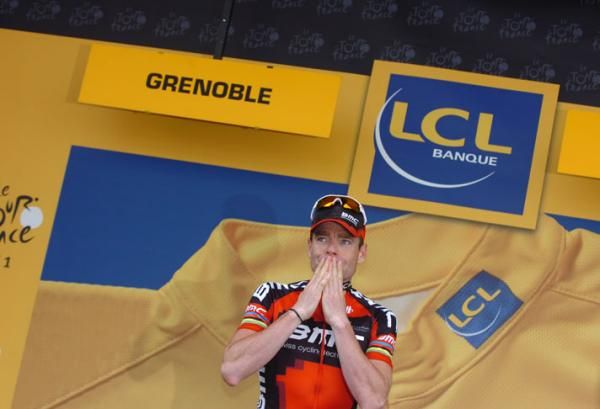 Cadel Evans (BMC) on the podium in Grenoble.