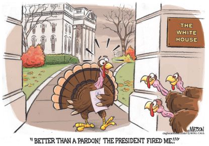 Political cartoon U.S. Trump Thanksgiving turkey pardon fired