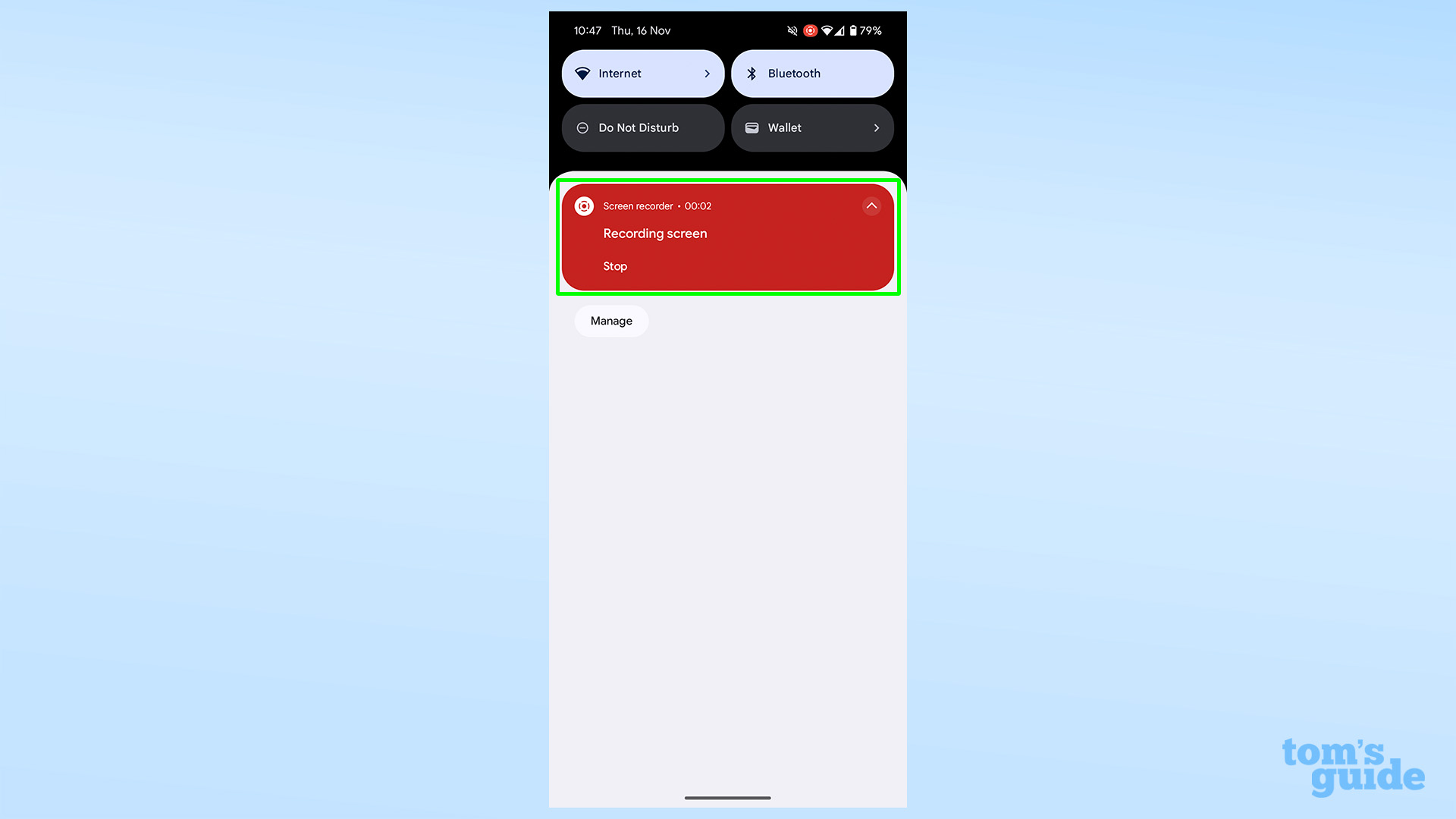 Снимок экрана, показывающий кнопку остановки записи экрана в Android 14