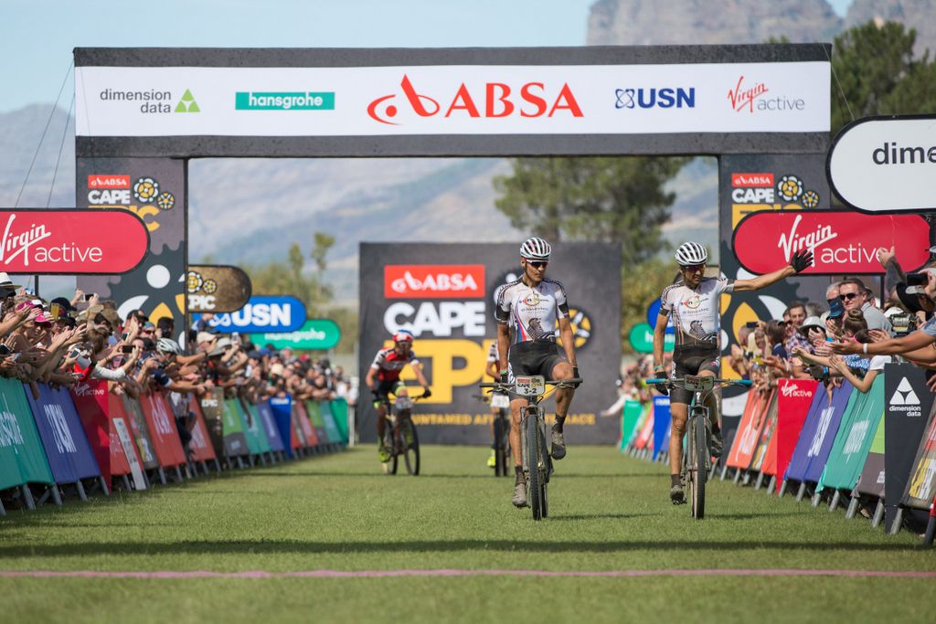 Christoph Sauser and and Jaroslav Kulhavy (Investec-Songo-Specialized) cross the line