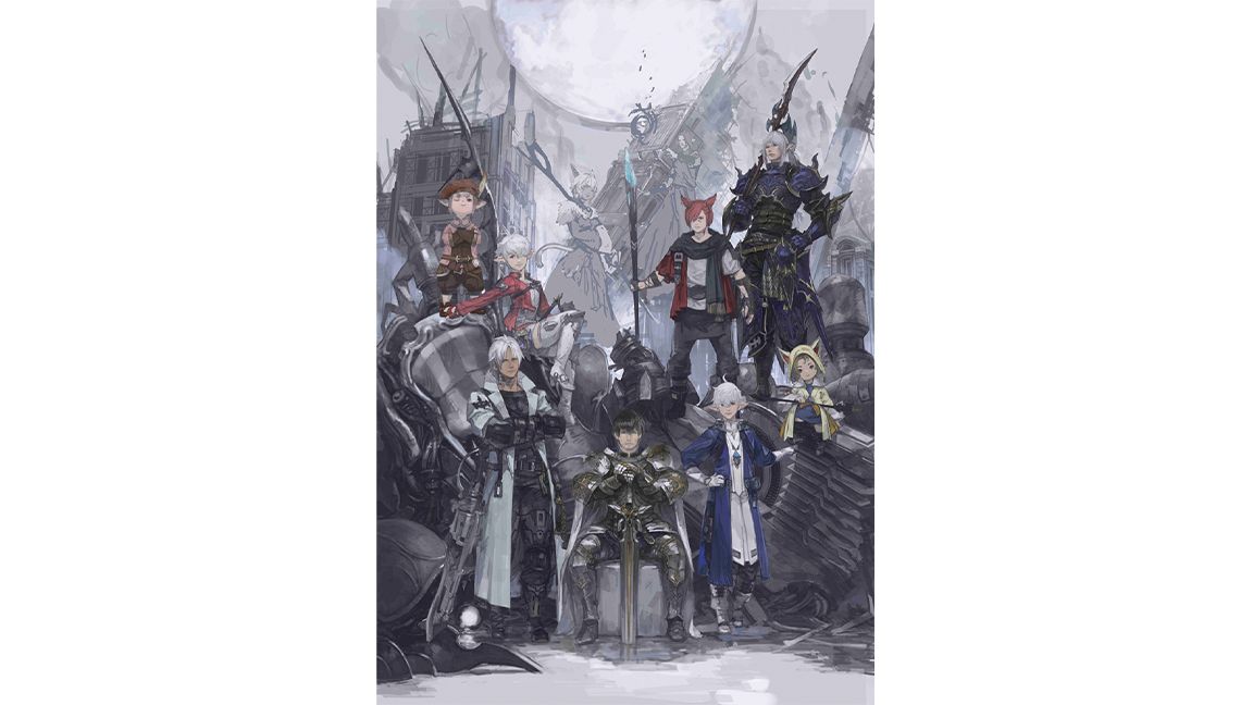 Characters from FF XIV stand in a watercolour sketch