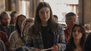 Ellie giving speech during city council meeting in The Last of Us Season 2 Episode 3