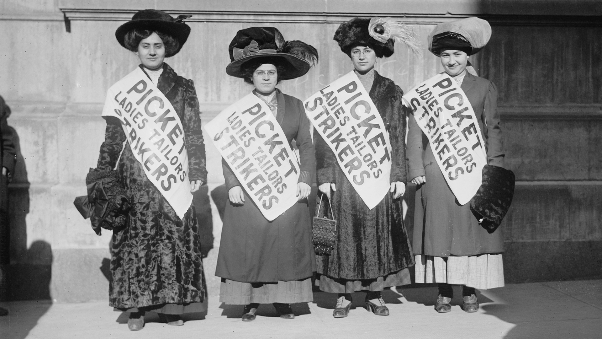 Four women strikers from the Ladies Tailors union on the picket line during the 1909 "Uprising of the 20,000,"a garment workers' strike in New York City.
