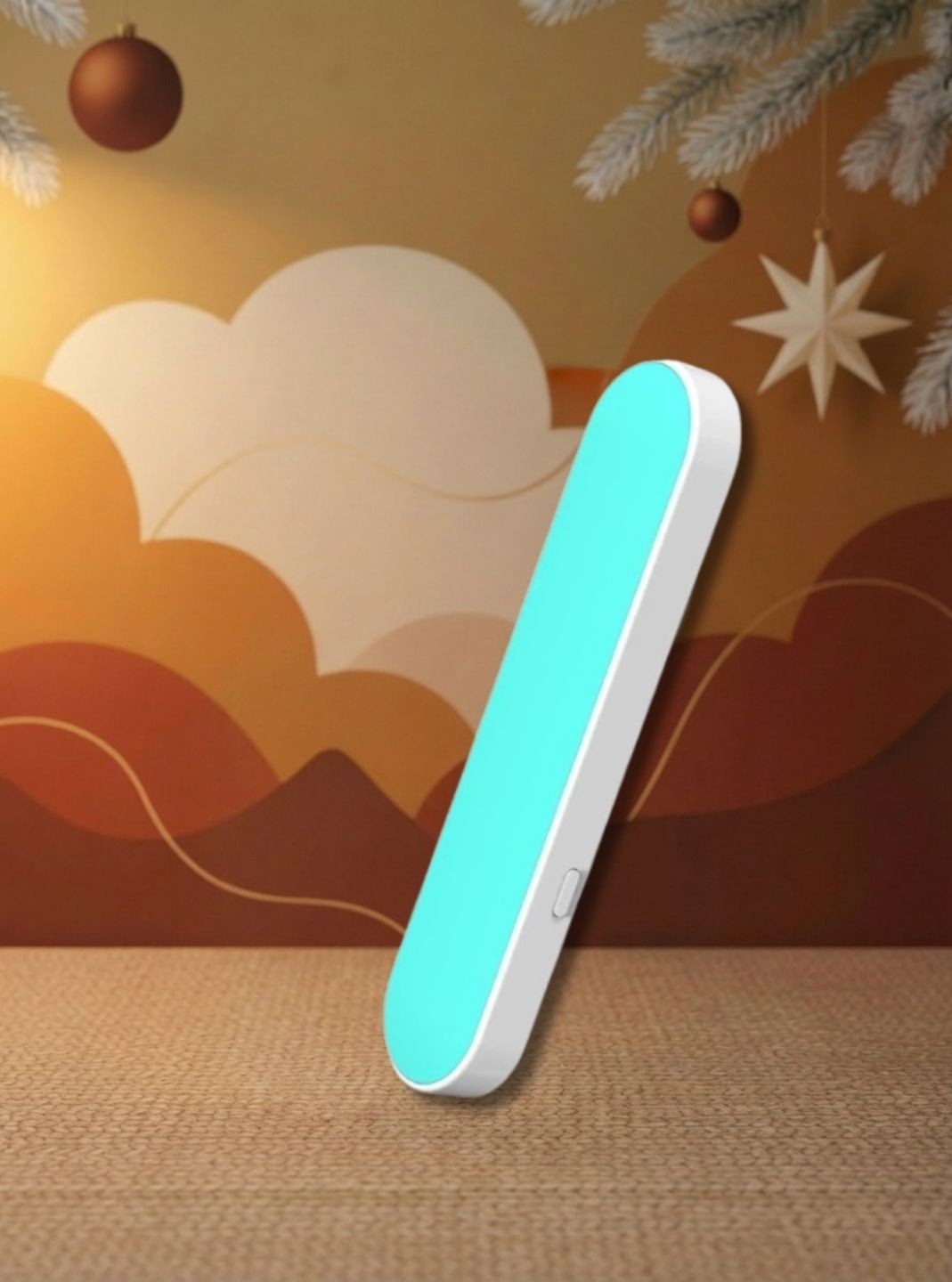 Blue and white pillow speaker on brown patterned Christmas background