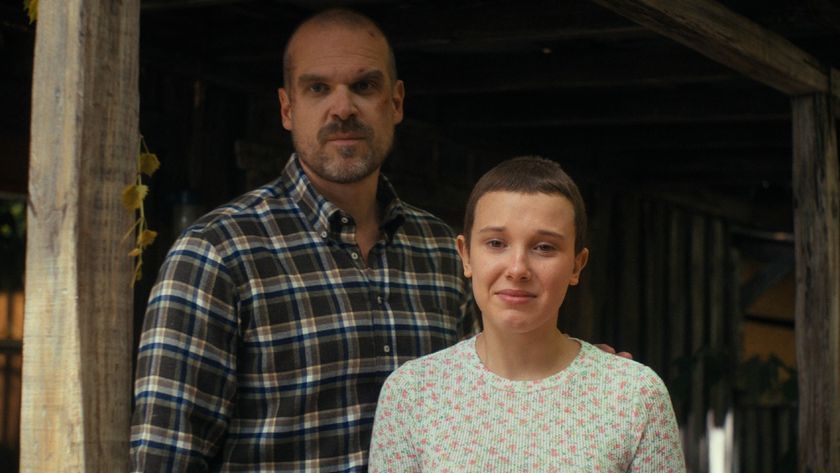 Jim Hopper (David Harbour) and Eleven (Millie Bobby Brown) look ahead on Stranger Things.