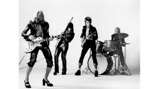 Ziggy Stardust and the Spiders From Mars in 1972 (l-r): guitarist Mick Ronson, bassist Trevor Bolder, David Bowie and drummer Mick Woodmansey