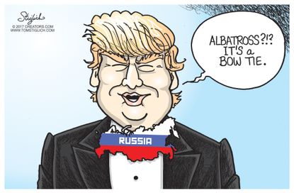 Political cartoon U.S. Trump albatross Russia problem ties burden
