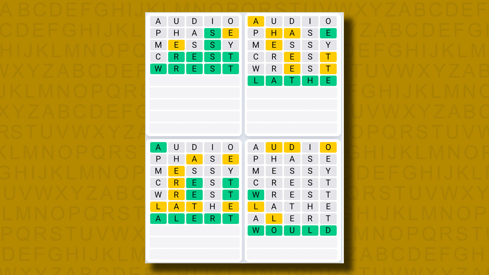 Quordle Daily Sequence answers for game 1285 on a yellow background