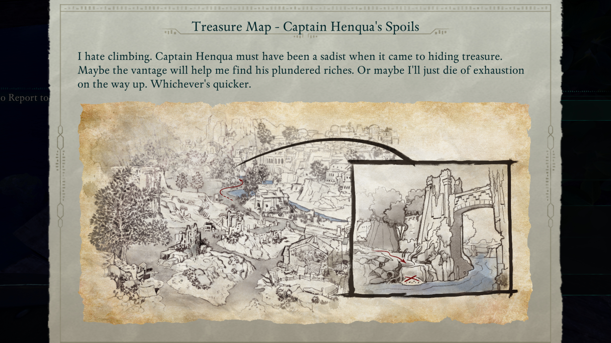 Avowed treasure maps - The clue page shows a painted map for Captain Henqua's Spoils.