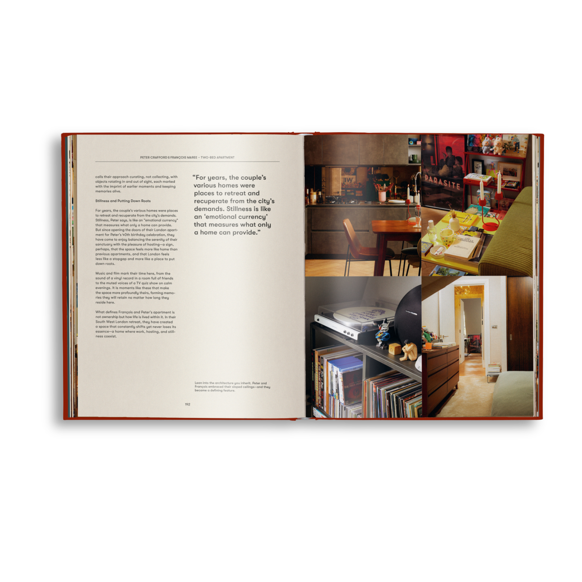 Interior of a book on homes, featuring text on the left page of the spread, and multiple interior images on the right.