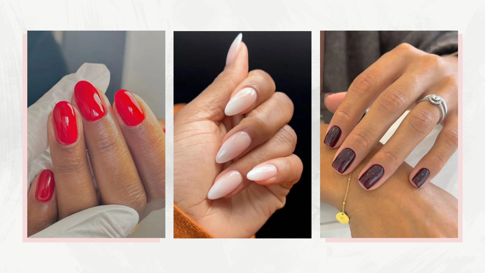A collage of nail shapes: on the left is a close-up of a hand with short and round red nails, by nail artist Julia Diogo/@paintedbyjools, followed by a picture of a hand with ombre almond nails, also created by Julia. And on the right is a picture of a hand with burgundy square nails by nail artist, Fliss Alton/@gelsbyfliss/ all featured in a white and grey marble-effect template 
