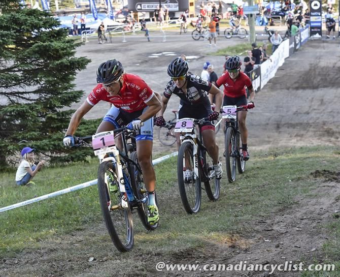 Kathrin Stirnemann (Sui) Sabine Spitz Haibike Pro Team leading Andreanne Pichette (Can) and Kate Courtney (USA) Specialized Racing XC