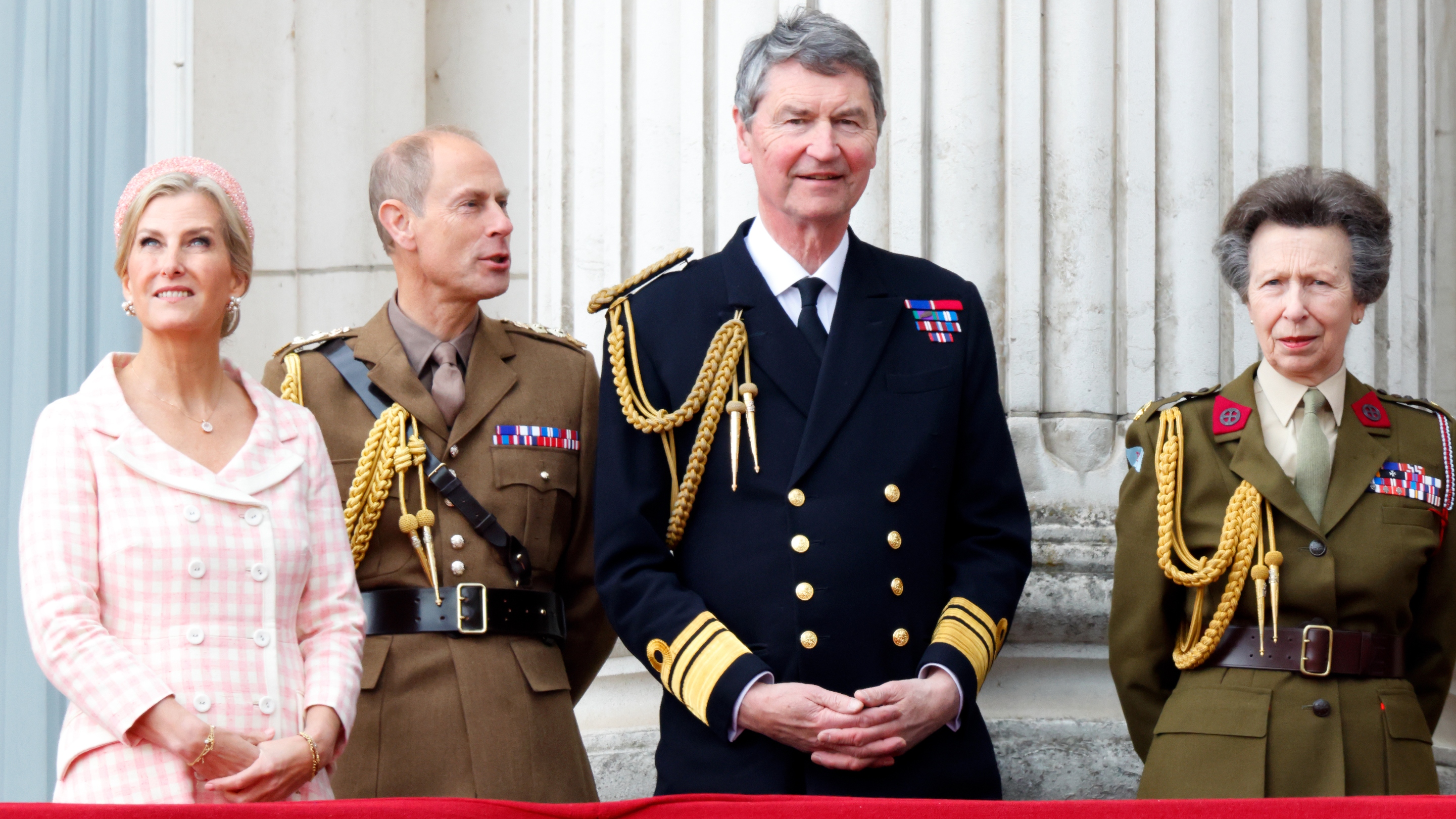 Sophie, Duchess of Edinburgh, Prince Edward, Duke of Edinburgh, Vice Admiral Sir Timothy Laurence and Princess Anne stand on the Buckingham Palace balcony