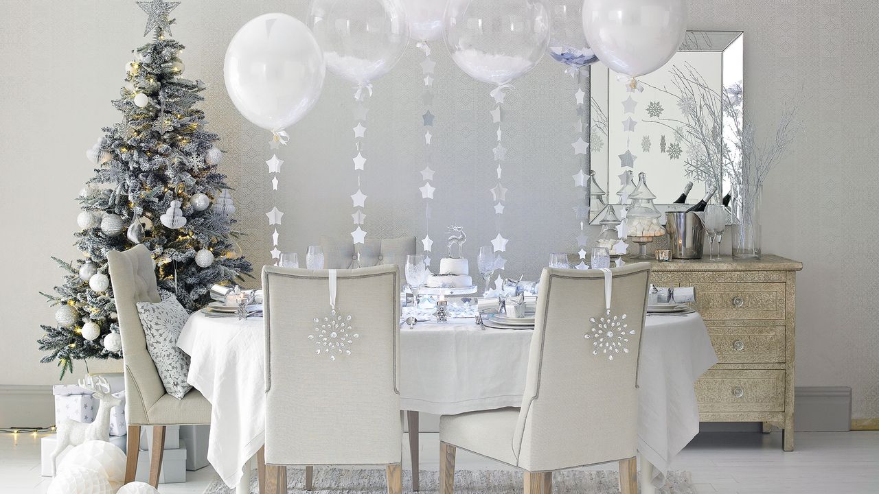 Christmas party ideas an all white room with white walls and furniture, a table covered in a white tableclpoth and white tableware and white helium filled balloons hanging over the table