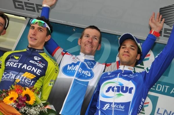La Poly Normande podium (l-r): Jeremy Galland (Saur - Sojasun), Andy Cappelle (Verandas Willems) and Romain Hardy (Bretagne - Schuller).
