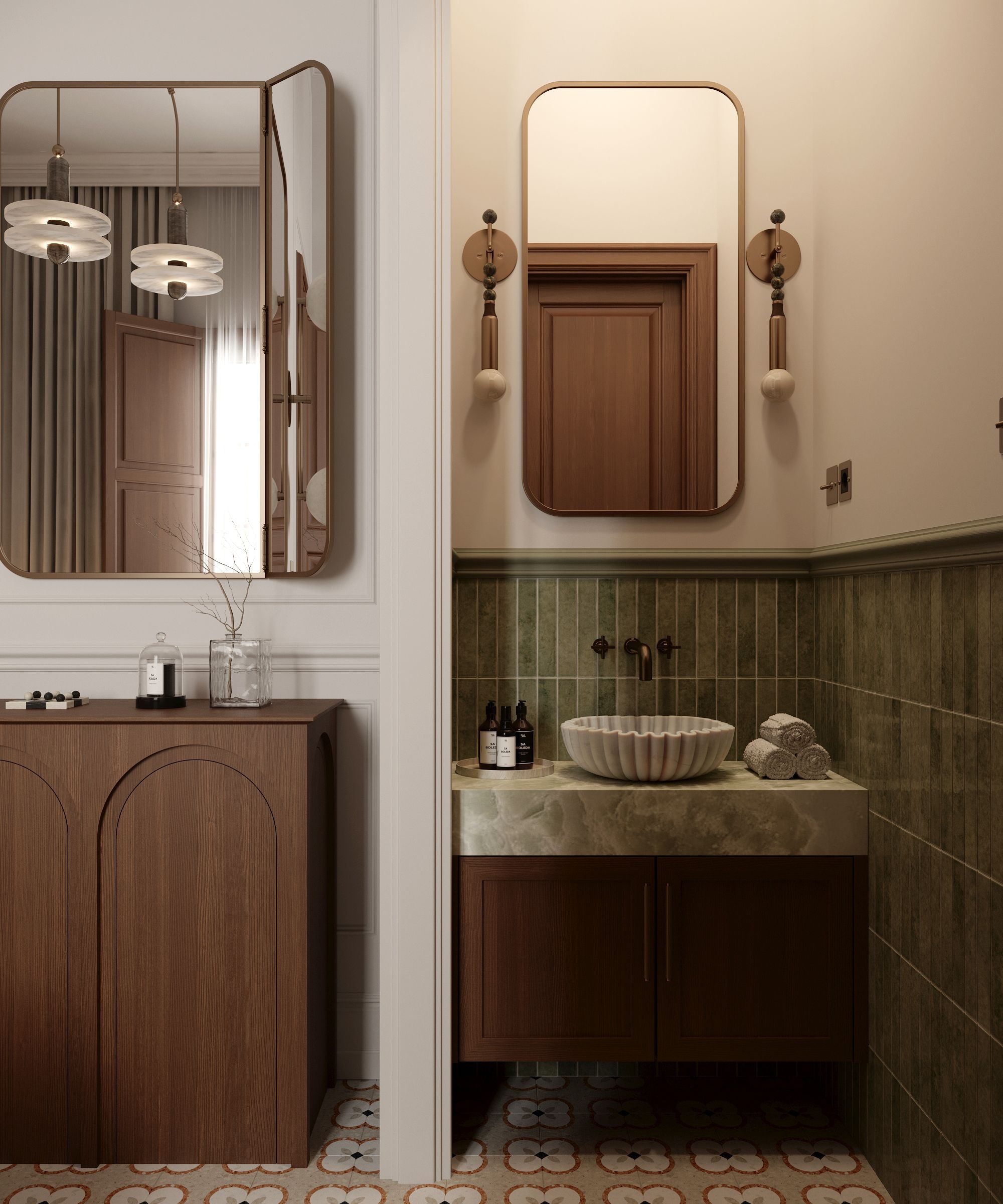 A Mediterranean ensuite bathroom with patterned floor tiles, a wooden vanity with a marble top, a fluted round marble sink, and green wall tiles