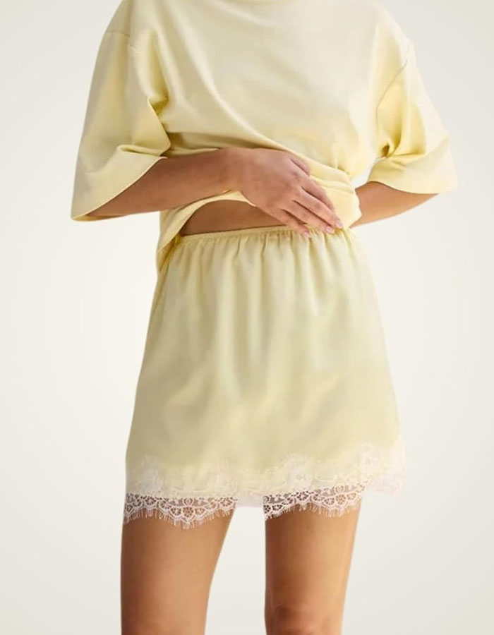 Dorwon Womens Lace Trim Mini Slip Skirt Elastic Waist a Line Silhouette Satin-Look Lining Casual Layering Skirt(1-Yellow-L)