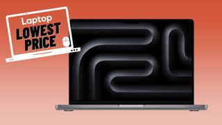 Silver M3 MacBook Pro against orange gradient background.