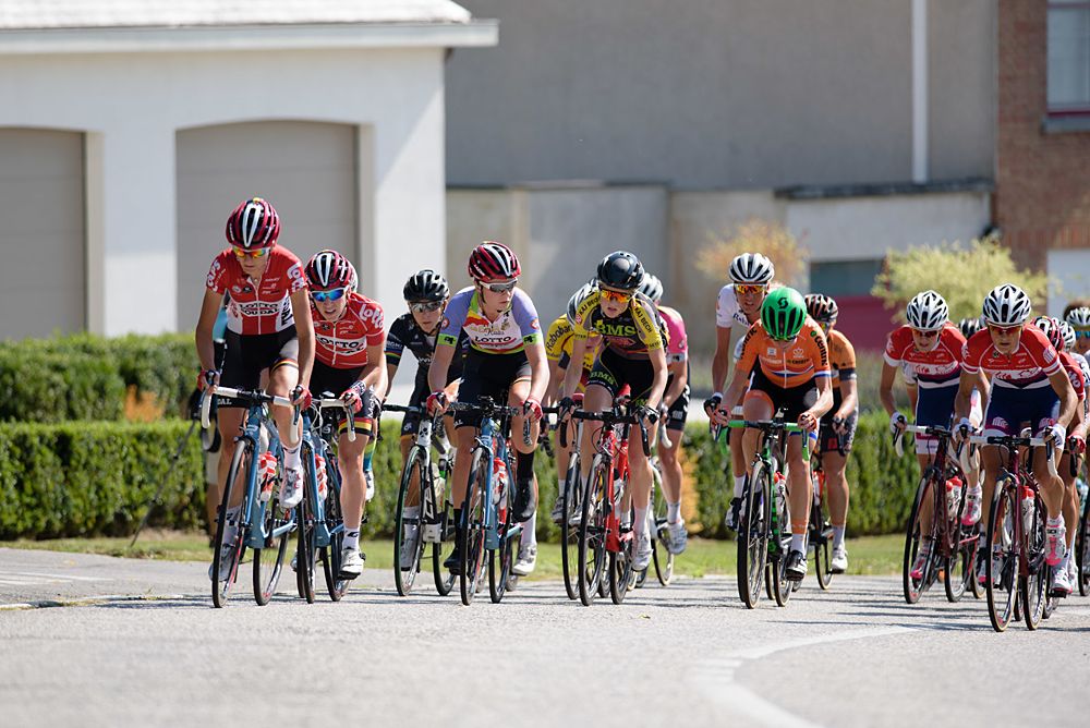 Lotte Kopecky (Lotto Soudal) and Marie Vilmann (BMS Birn) lead the peloton up the first GPM at the 108 km Stage 2 of the Lotto Belgium Tour