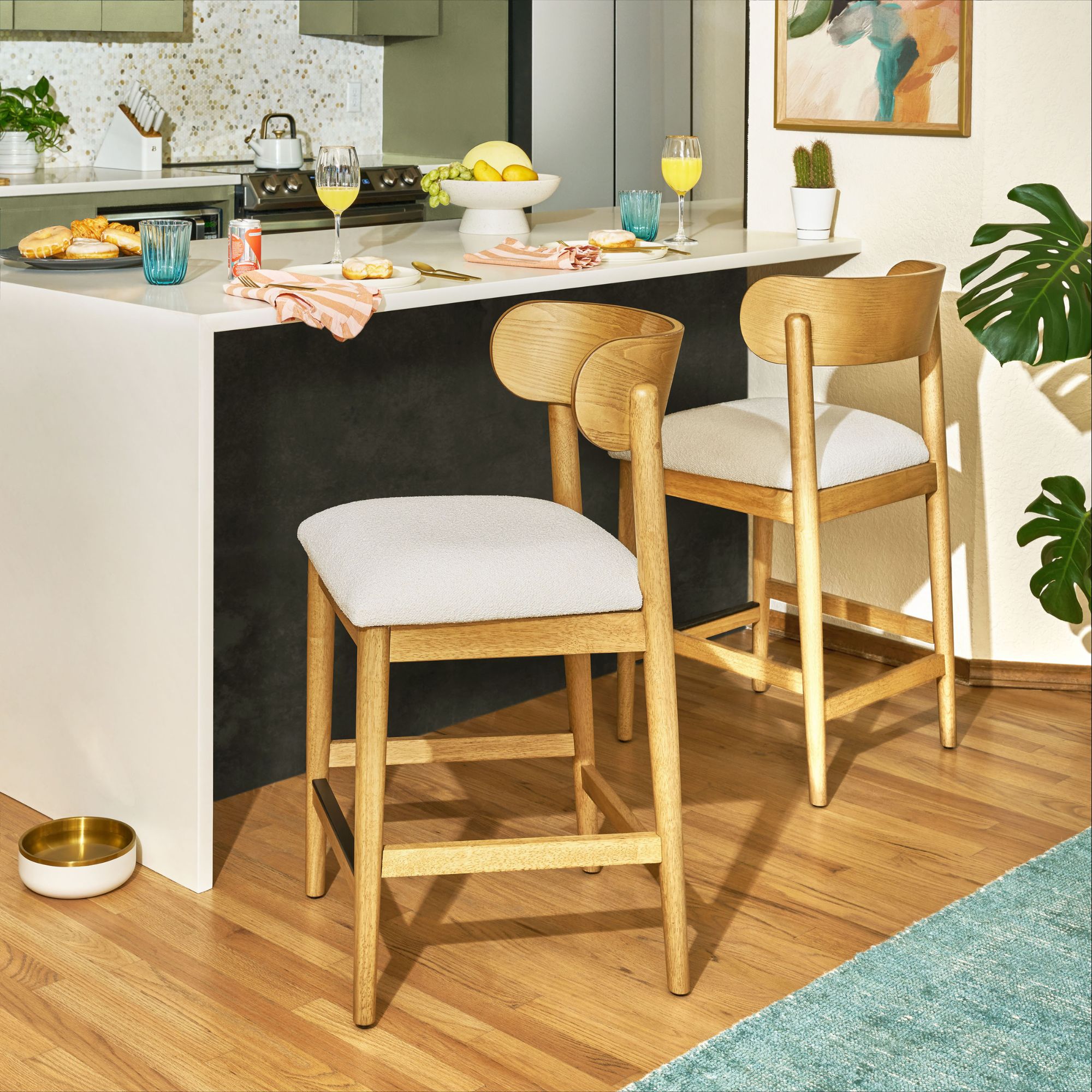 Beautiful Drew Counter Heyg chairs from Drew Barrymore, warm honey finish, 2 pack
