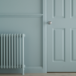 room with radiator on wall and light blue door
