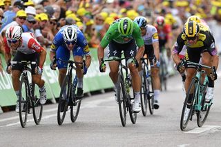 Elia Viviani (Deceuninck-QuickStep) sprints with a slow-flat tire stage 7 Tour de France