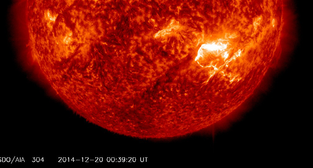 A powerful X1.8-class solar flare erupts from the sun on Dec. 19, 2014 in this view from NASA&#039;s Solar Dynamics Observatory spacecraft tracking sun weather.