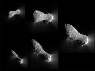 This image montage shows Comet Hartley 2 as NASA's EPOXI mission approached and flew under the comet. The images progress in time clockwise, starting at top left.