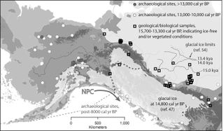 This map shows archaeological sites that are older than 13,000 years (gray), between 10,000 and 13,000 years old (white) and geological/biological samples that are between 13,300 and 15,700 years old. Notice that the inland sites are generally older than the coastal sites.