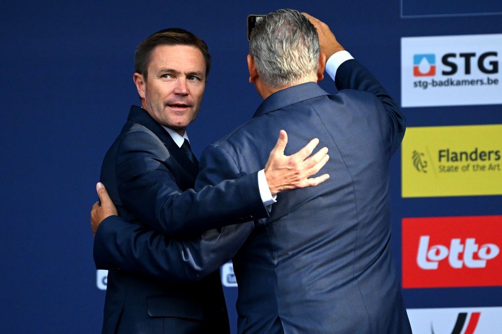 HASSELT BELGIUM SEPTEMBER 15 David Lappartient of France UCI President and member of the International Olympic Committee take a selfie on the podium during the medal ceremony after the 30th UEC Road Cycling European Championships 2024 Mens Elite Road Race a 2228km one day race from HeusdenZolder to Hasselt on September 15 2024 in Hasselt Belgium Photo by Luc ClaessenGetty Images