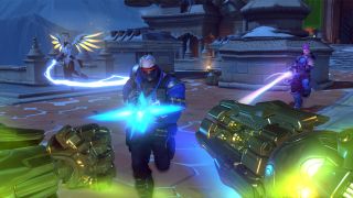 Overwatch 2 Orisa using Fortify against Soldier 76