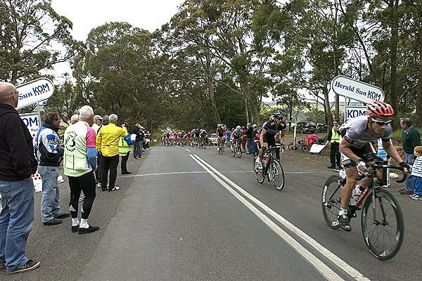 The lead group make their way of a King of the Mountains point during stage one of the tour on the out-and-back course in Ballarat.
