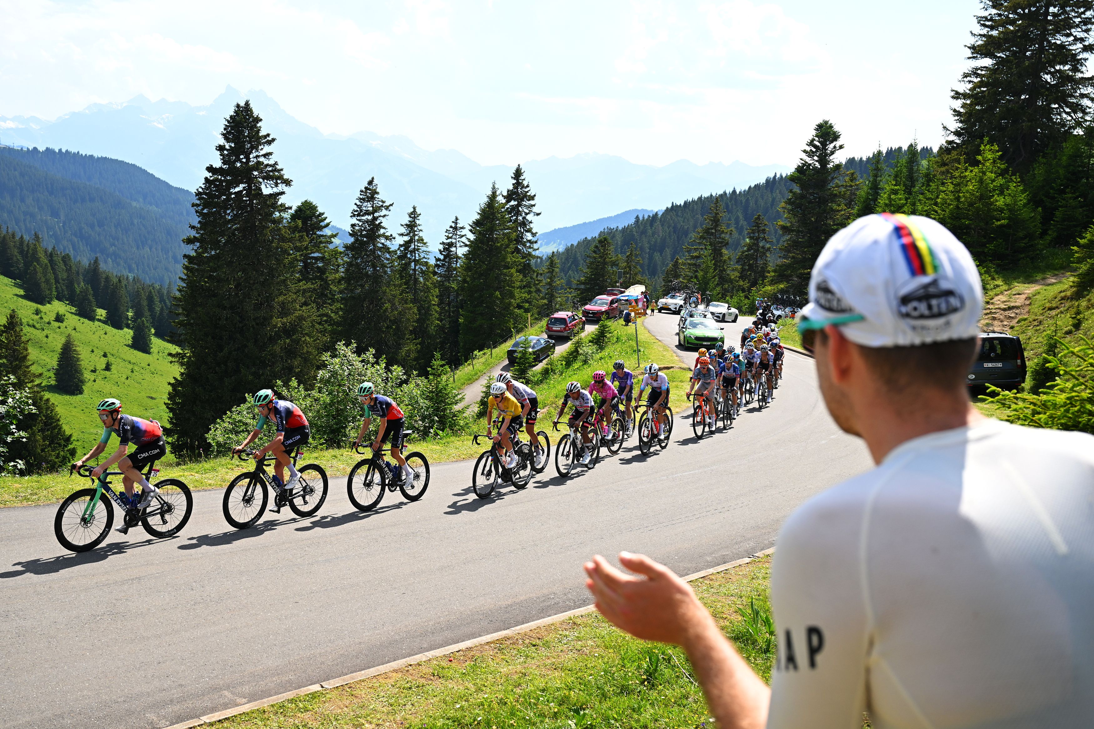 VILLARS-SUR-OLLON, SWITZERLAND - JUNE 21: A general view of Tadej Pogacar of Slovenia and UAE Team Emirates - XRG - Yellow Leader Jersey and the peloton climbing to the Col de la Croix (1772m) during the 89th Tour de Suisse 2026, Stage 5 a 150.7km stage from Villars-sur-Ollon to Villars-sur-Ollon 1249m / #UCIWT / on June 21, 2026 in Villars-sur-Ollon, Switzerland. (Photo by Tim de Waele/Getty Images)