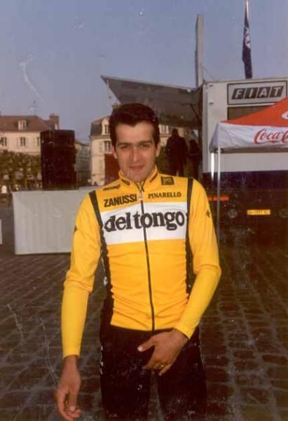 A young Franco Ballerini in Del Tongo colours at the 1990 Paris-Roubaix.