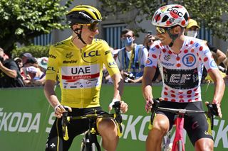 Yellow jersey Tadej Pogacar and mountains leader Magnus Cort on stage 9 at the Tour de France