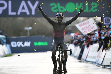 BOOM BELGIUM DECEMBER 04 Wout Van Aert of Belgium and Team Jumbo Visma celebrates at finish line as race winner during the 7th Superprestige Cyclocross Boom 2021 Mens Elite SPBoom Superprestige2022 on December 04 2021 in Boom Belgium Photo by Luc ClaessenGetty Images
