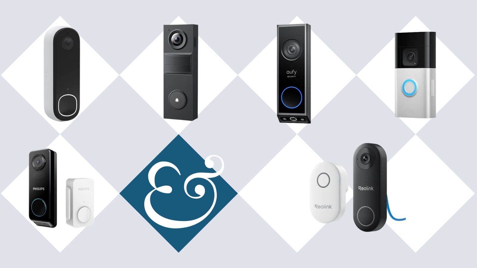 A blue and white diamon background with H&amp;G magazine ampersand logo, and six cut outs of black video doorbells including Ring, eufy and Arlo