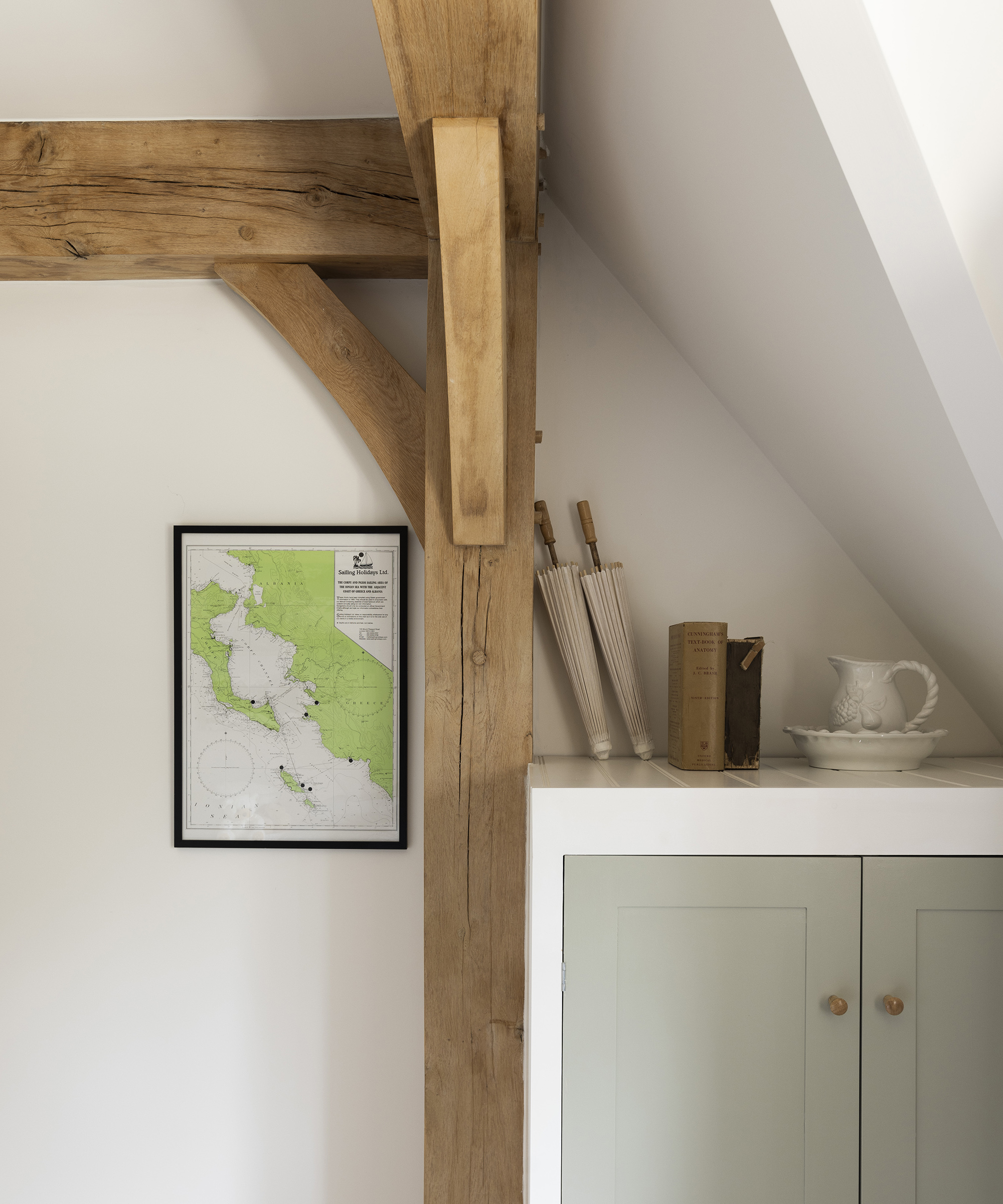 Exposed oak frame on the inside of a newly built home