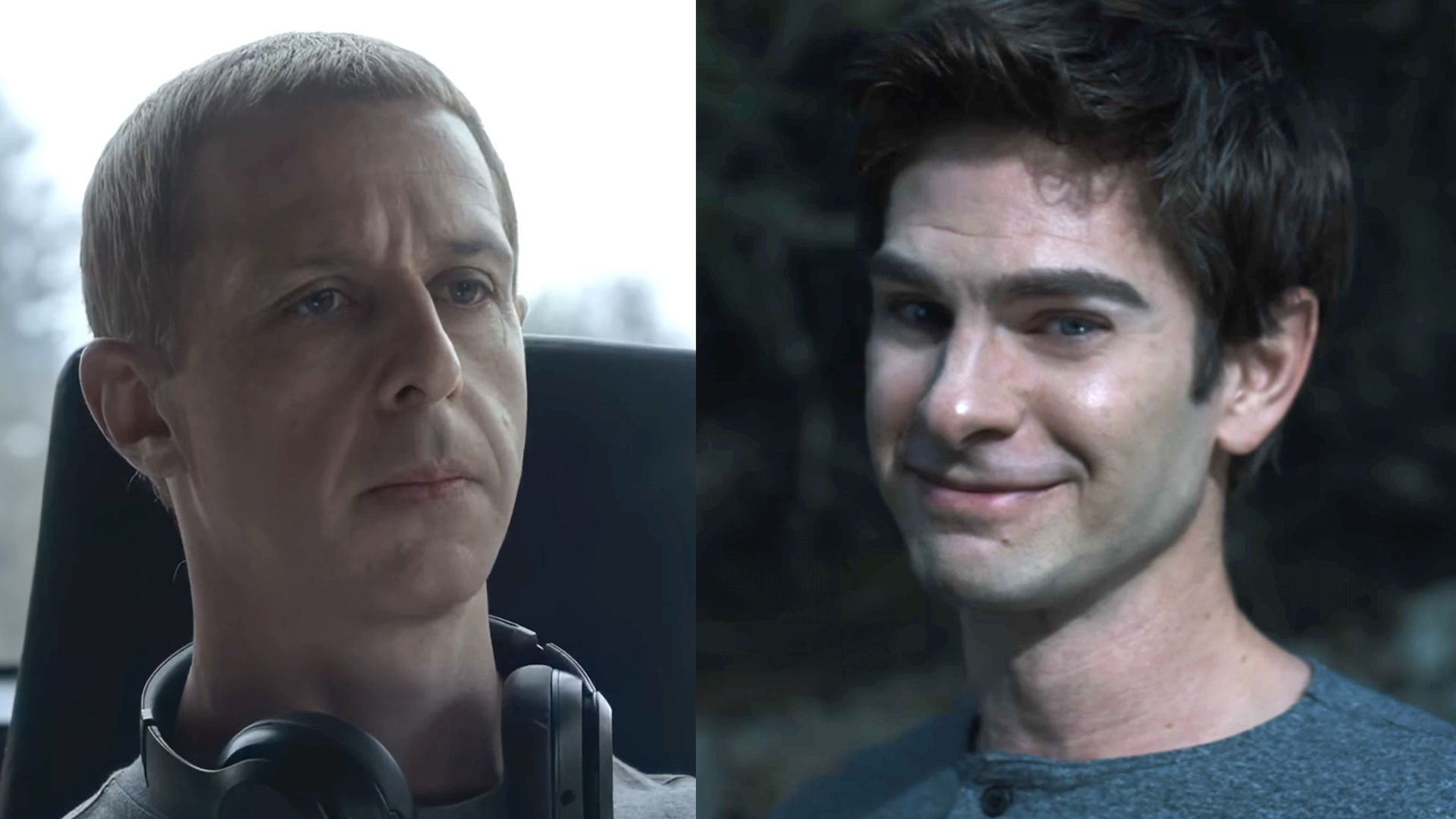 Jeremy Strong, grey shirt and ceasar haircut as Mark Zuckerberg, Andrew Garfield in a grey shirt, smiling, in Artificial.