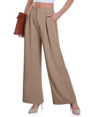 Daceslon Women's Wide Leg Work Slacks Pants High Waist Long Straight Trousers Causal Pants With Pocket (lightcoffee, L)