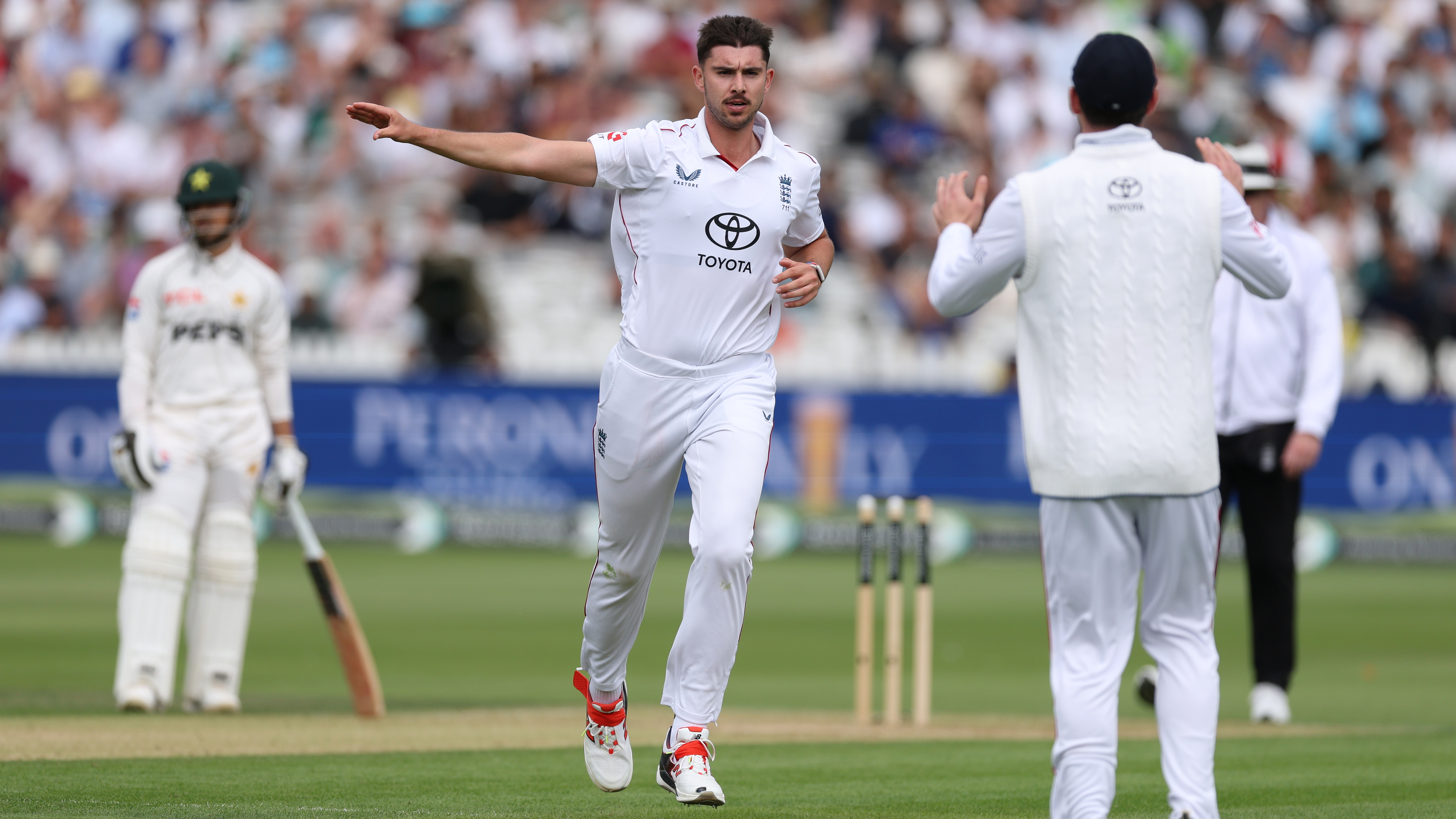 England bowler Josh Tongue celebrates the wicket of Pakistan batsman Babar Azam during day two of the 2nd Rothesay Test Match between England and Pakistan