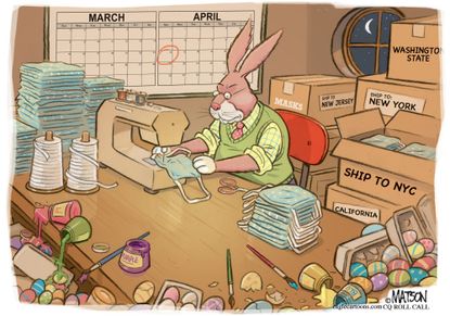 Editorial Cartoon U.S. Easter bunny buckles down creates masks coronavirus